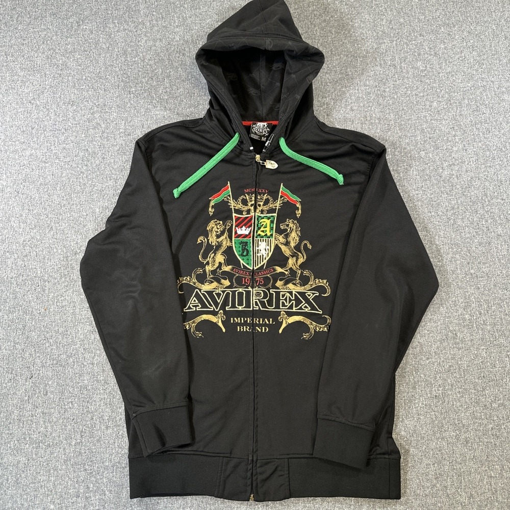 Vintage Avirex Imperial Brand‎ Full Zip Hoodie Black Crest Graphic Mens Medium